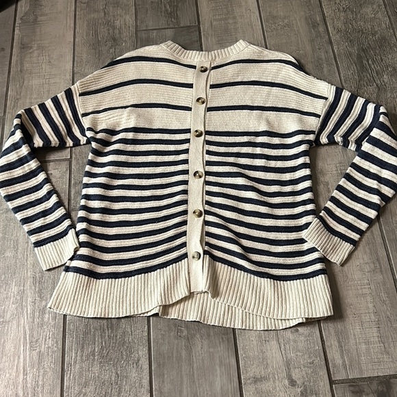 MADEWELL Stripe Button-Back Pullover Sweater Women’s Small OATMEAL NAVY top - Picture 5 of 5